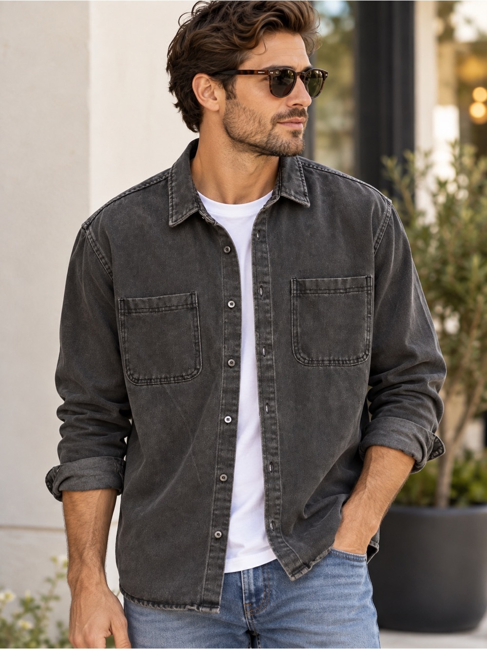 Slate & Stone Washed Black Denim Shirt Men’s Large Charcoal Button Down Workwear